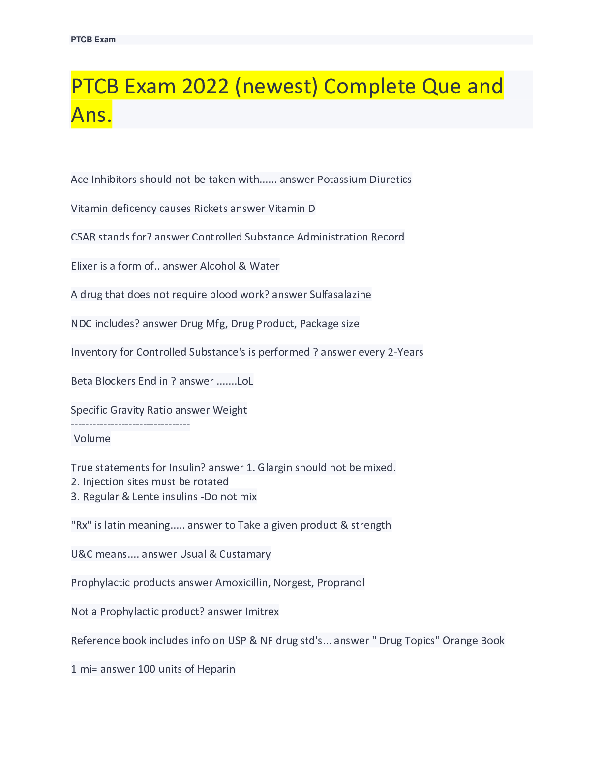 Preview image for PTCB Exam 2022 (newest) Complete Que and Ans, 100% complete